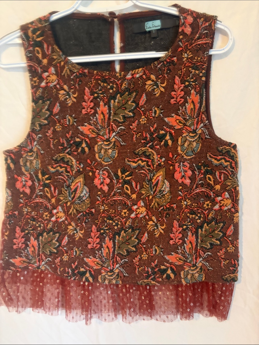 Eva Franco Anthropology Rust Multi Floral  Tank with Tulle Hem